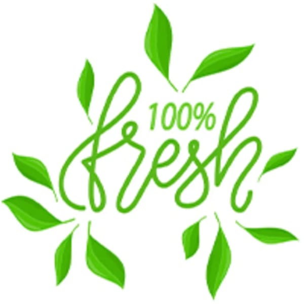 Green stylized text "100% Fresh" surrounded by green leaves on a white background.