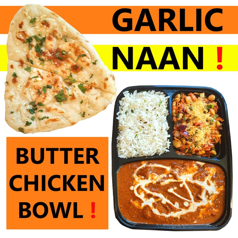 Garlic naan and a butter chicken bowl with rice and a side dish.