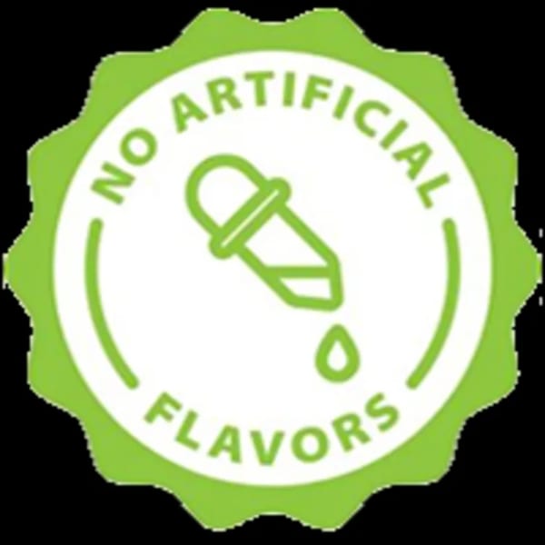 Green and white circular badge with "NO ARTIFICIAL FLAVORS" text and a dropper icon.