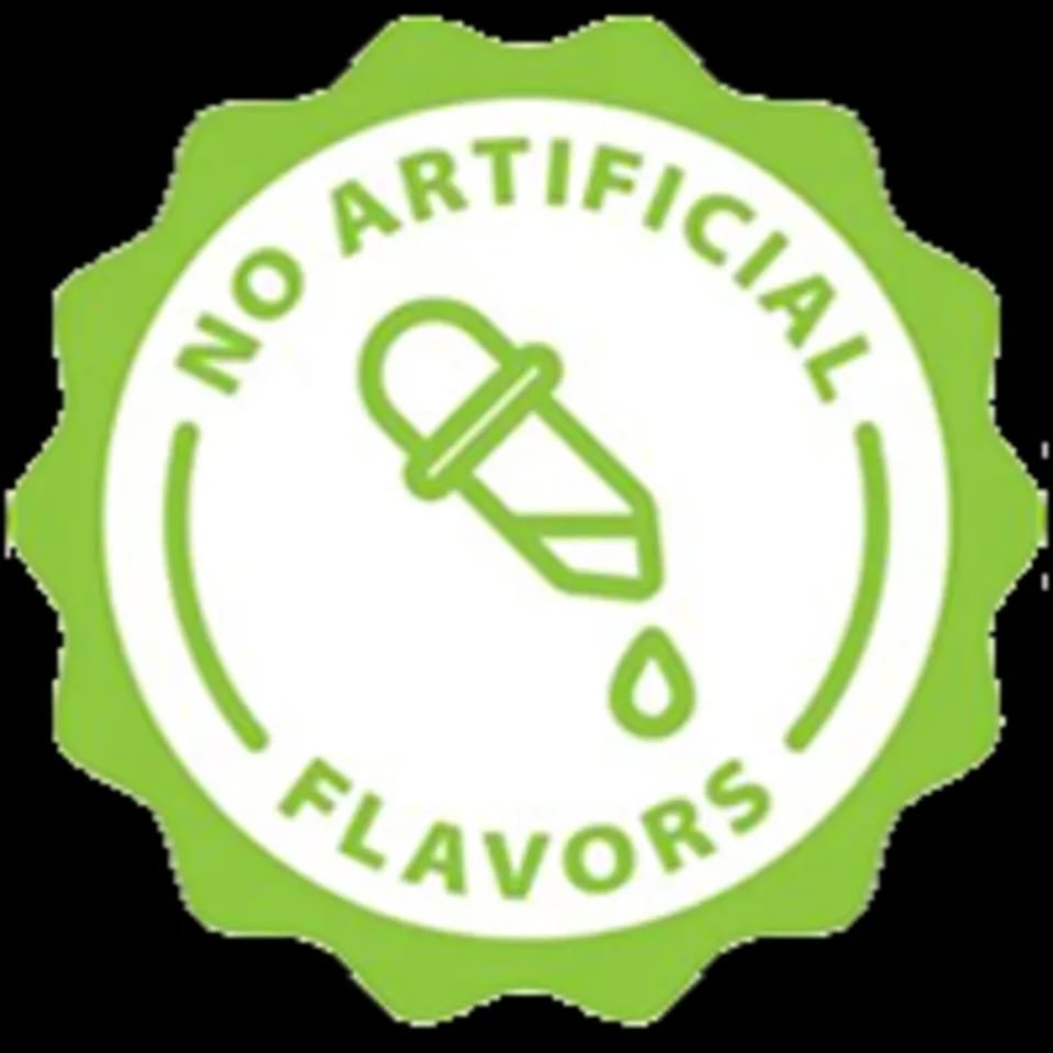 Green and white circular badge with "NO ARTIFICIAL FLAVORS" text and a dropper icon.