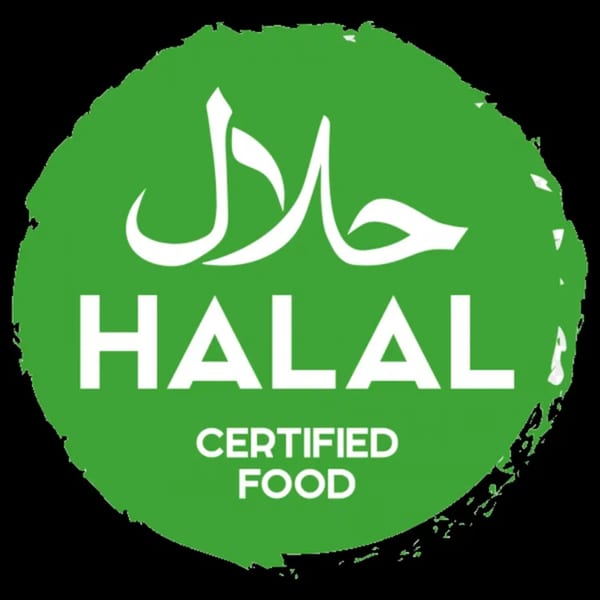 Green circular Halal Certified Food logo with Arabic script and English text.