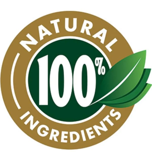 A circular logo with "100% Natural Ingredients" in gold and green, featuring green leaves.