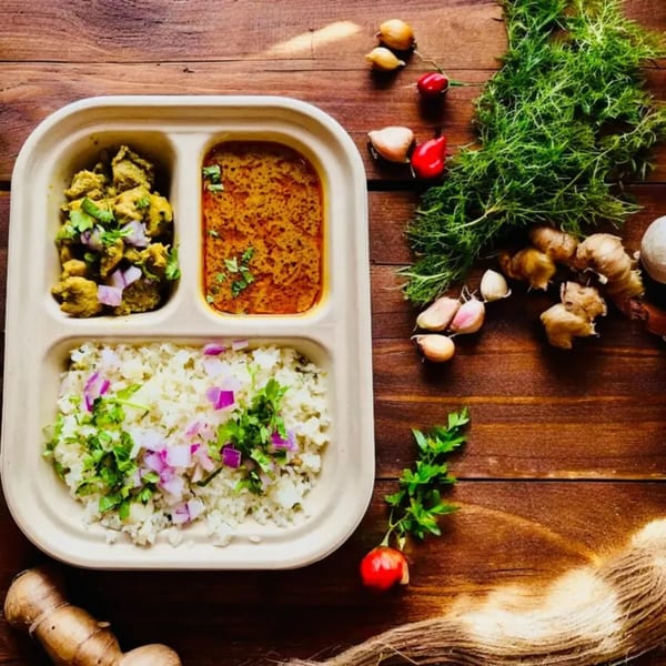 Kolapasi Indian Canteen's chicken curry, rice, and another curry in a divided takeout container.