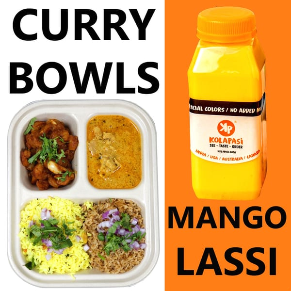 A Kolapasi curry bowl with two curries and two rice types, next to a Kolapasi mango lassi bottle.