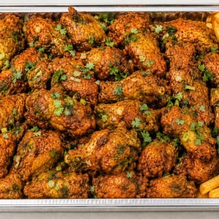 25 Saucy curry wings + Large fries